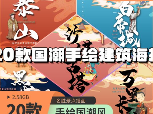 中式国潮手绘卡通名胜古迹景点标志建筑插画海报psd设计素材模板